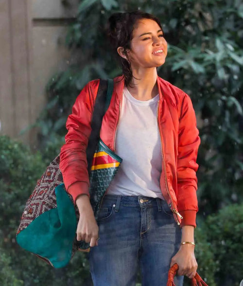 A Rainy day in New York Selena Gomez Red Bomber Jacket