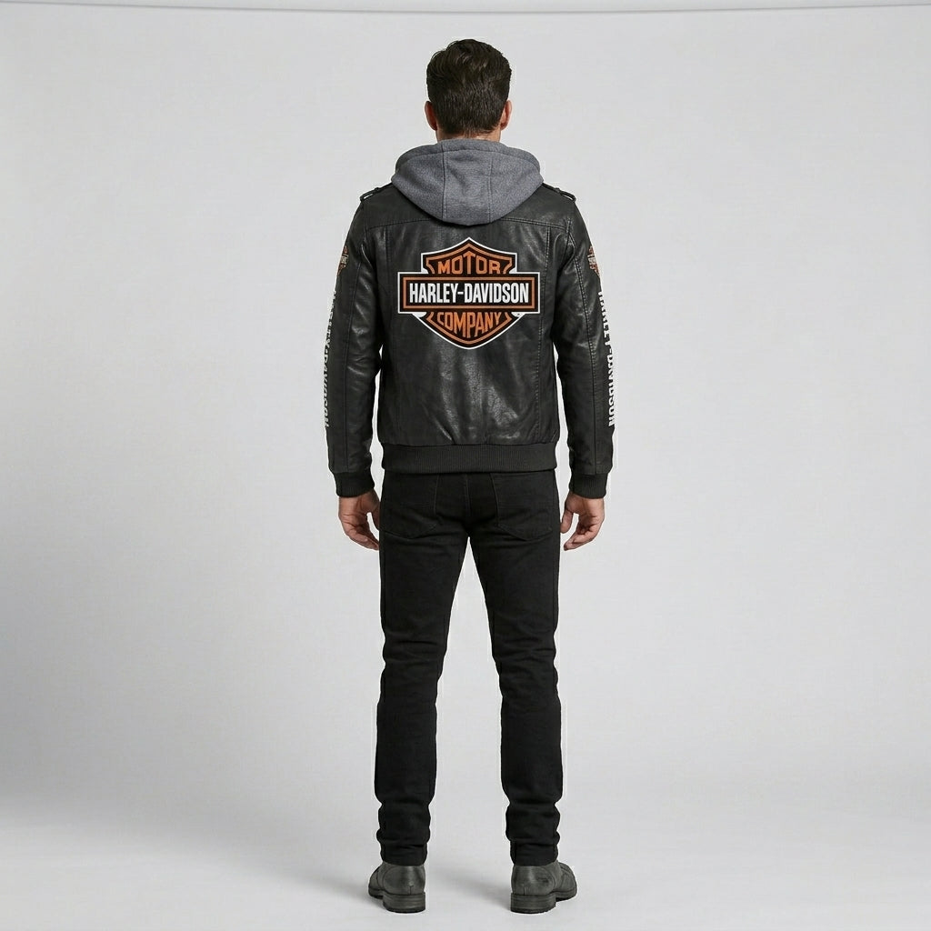Men’s Black Hooded Cowhide Leather Biker Jacket – Harley-Style Moto