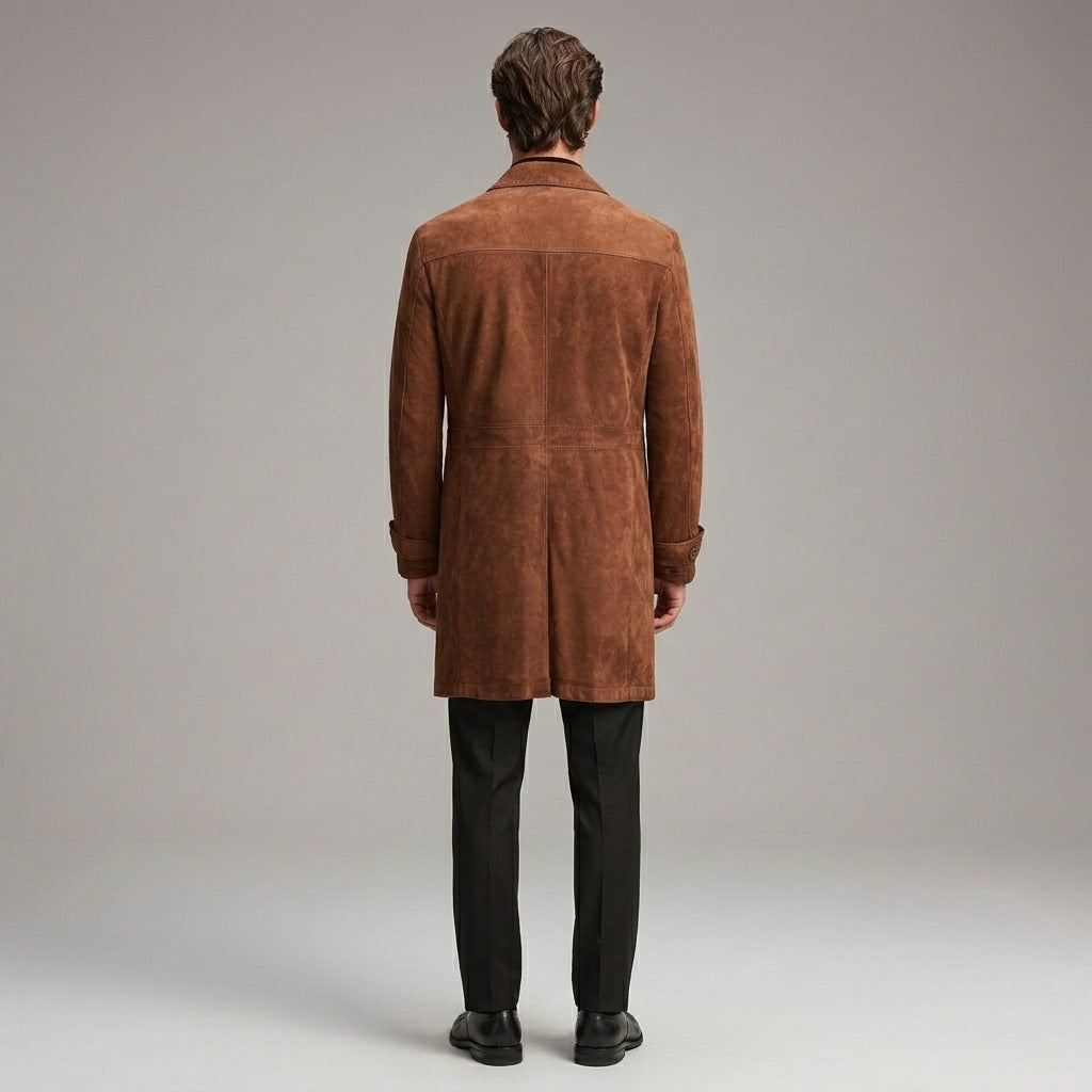 Men’s Vintage Brown Suede Trench Coat – Classic Button-Up Long Overcoat
