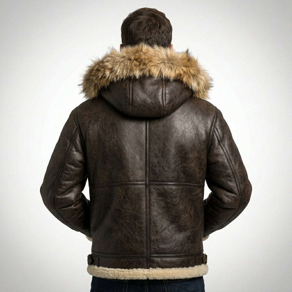 Men’s B-3 Hooded Sheepskin Bomber Leather Jacket – Premium Shearling Flight Coat