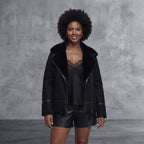 Women's Black Shearling Jacket with Fur Collar