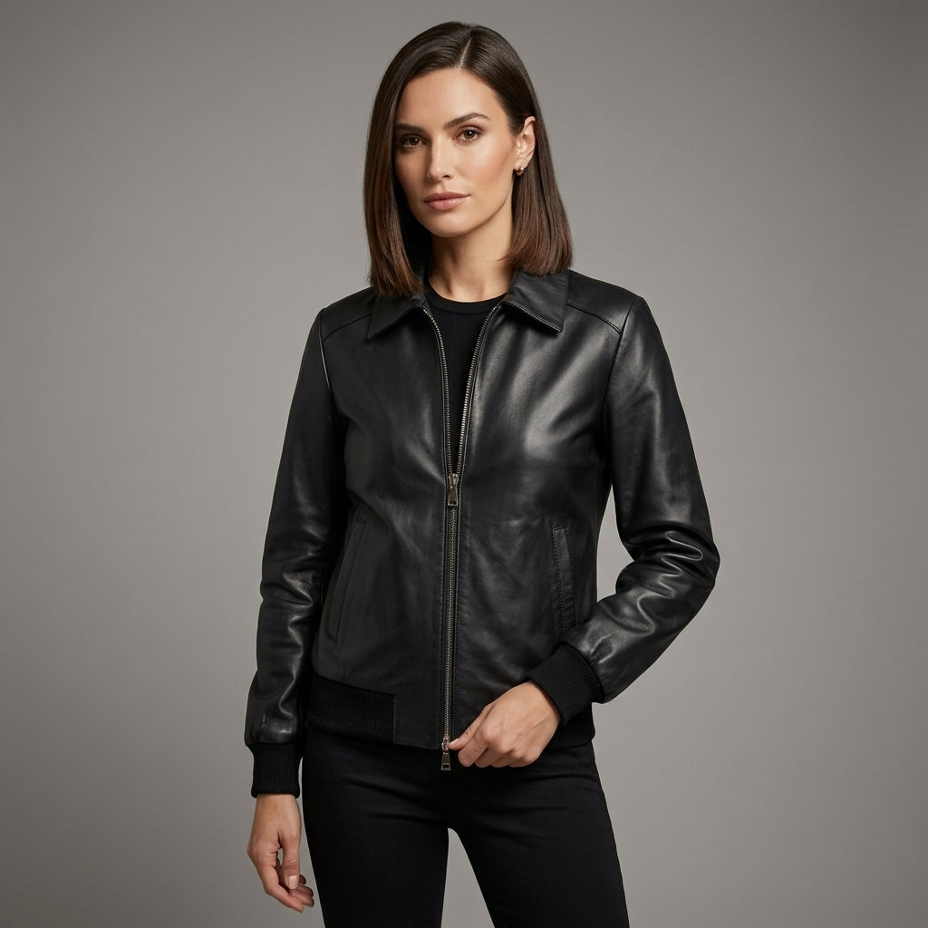Women's Black Leather Bomber Jacket