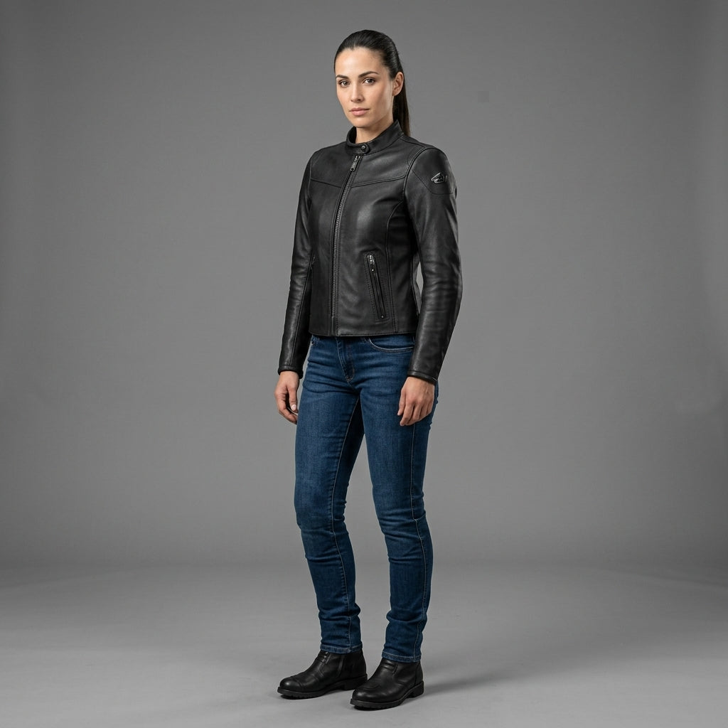 Women's Black Stand Collar Leather Jacket