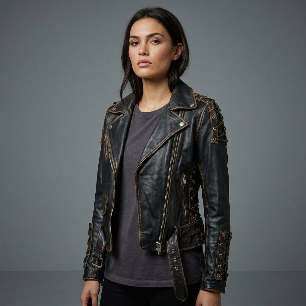 Women's Black Vintage Leather Biker Jacket
