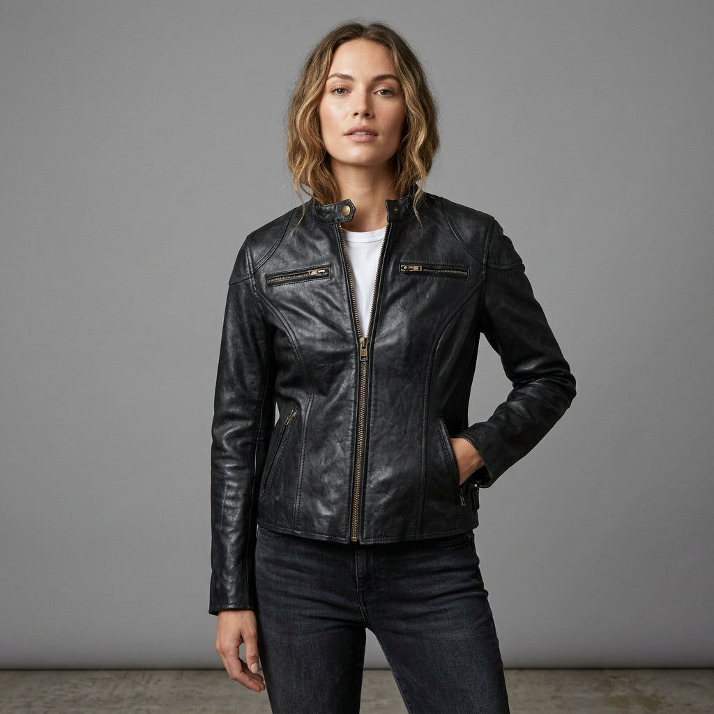Women's Black Cafe Racer Leather Jacket