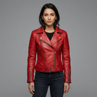 Women's Bright Red Leather Biker Jacket
