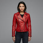 Women's Bright Red Leather Biker Jacket