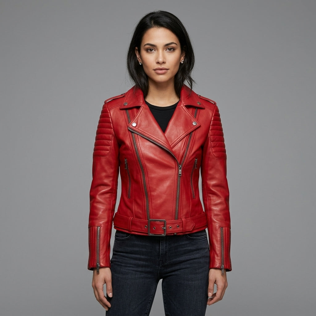 Women's Bright Red Leather Biker Jacket