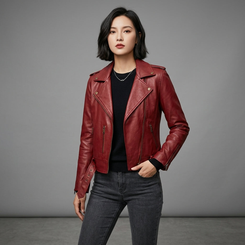 Women's Cropped Burgundy Leather Moto Jacket