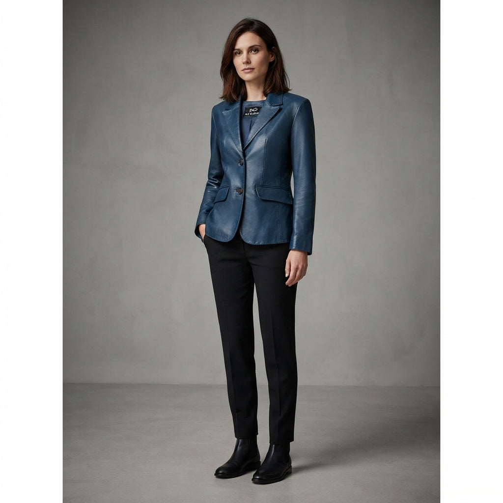 Women's Navy Leather Blazer Jacket