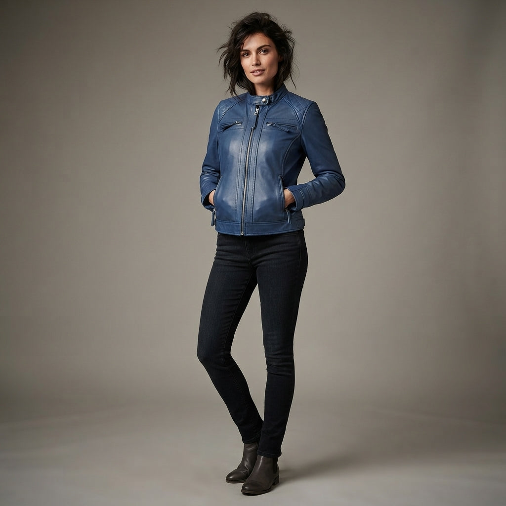 Women's Navy Blue Leather Racer Jacket
