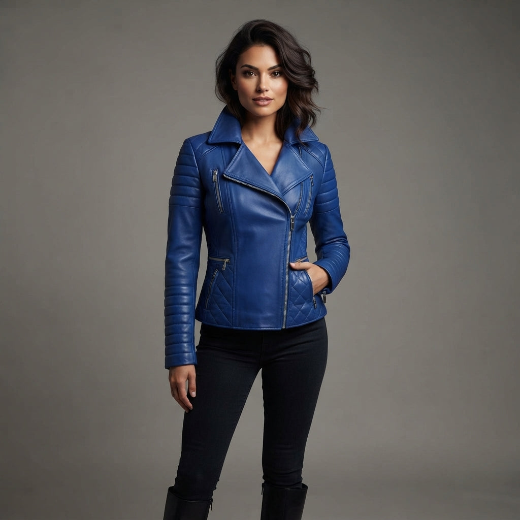 Women's Cobalt Blue Leather Biker Jacket