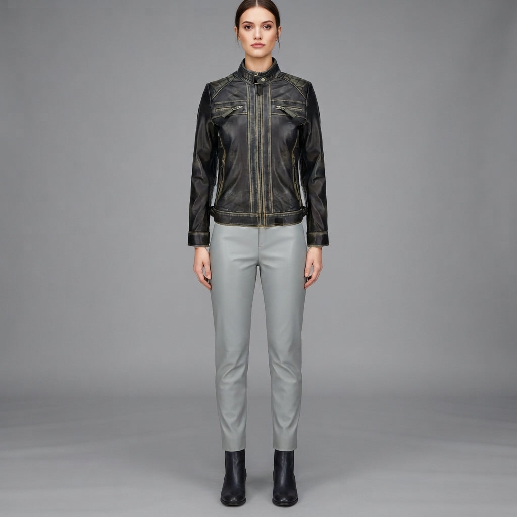 Women's Black Rub-off Cafe Racer Leather Jacket