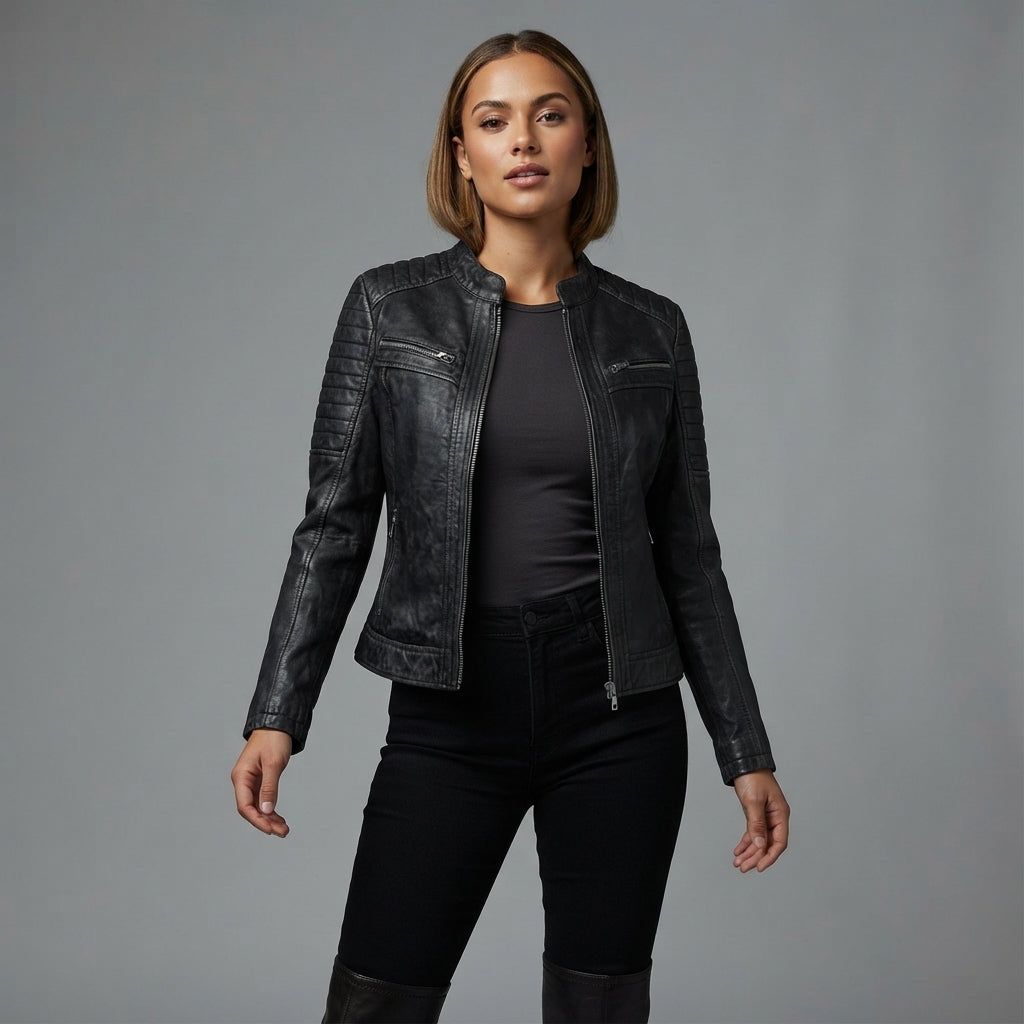 Women's Black Distressed Racer Leather Jacket