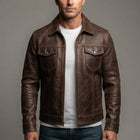 Men's Brown Washed Trucker Leather Jacket - Leather Outlet