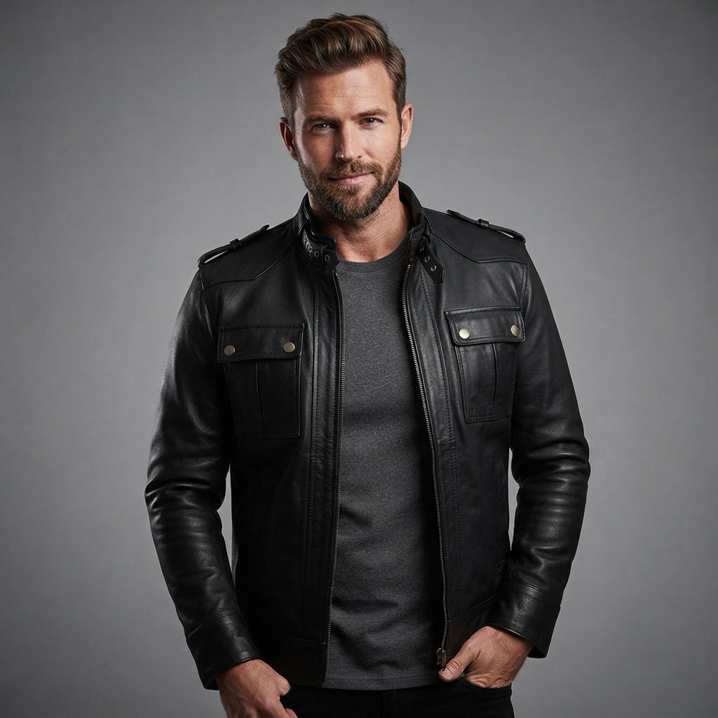 Men's Cafe Racer Leather Jacket - Leather Outlet