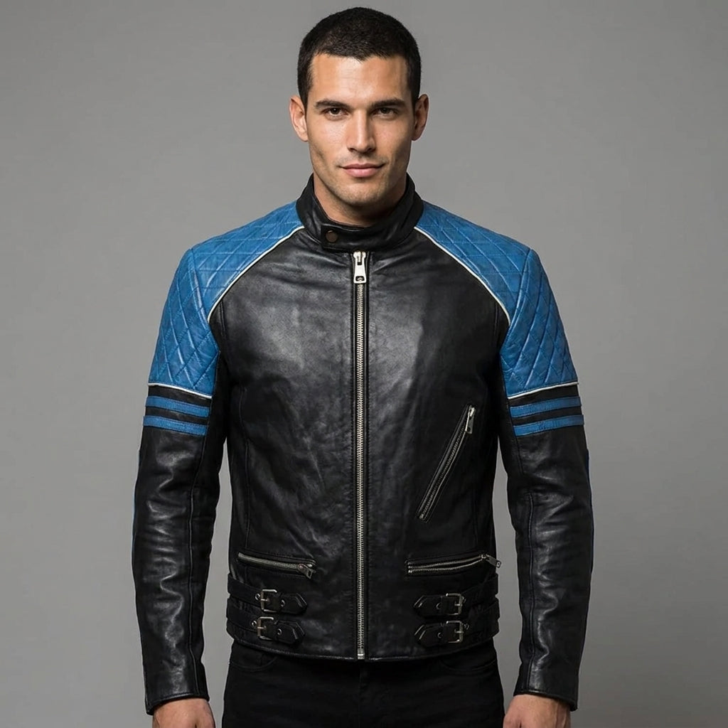 Men's Black Leather Jacket With Blue Shoulder - Leather Outlet