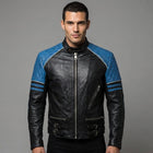 Men's Black Leather Jacket With Blue Shoulder - Leather Outlet