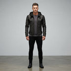 Men's Black Leather Jacket with Hood - Leather Outlet
