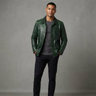 Men's Olive Green Leather Field Jacket - Leather Outlet