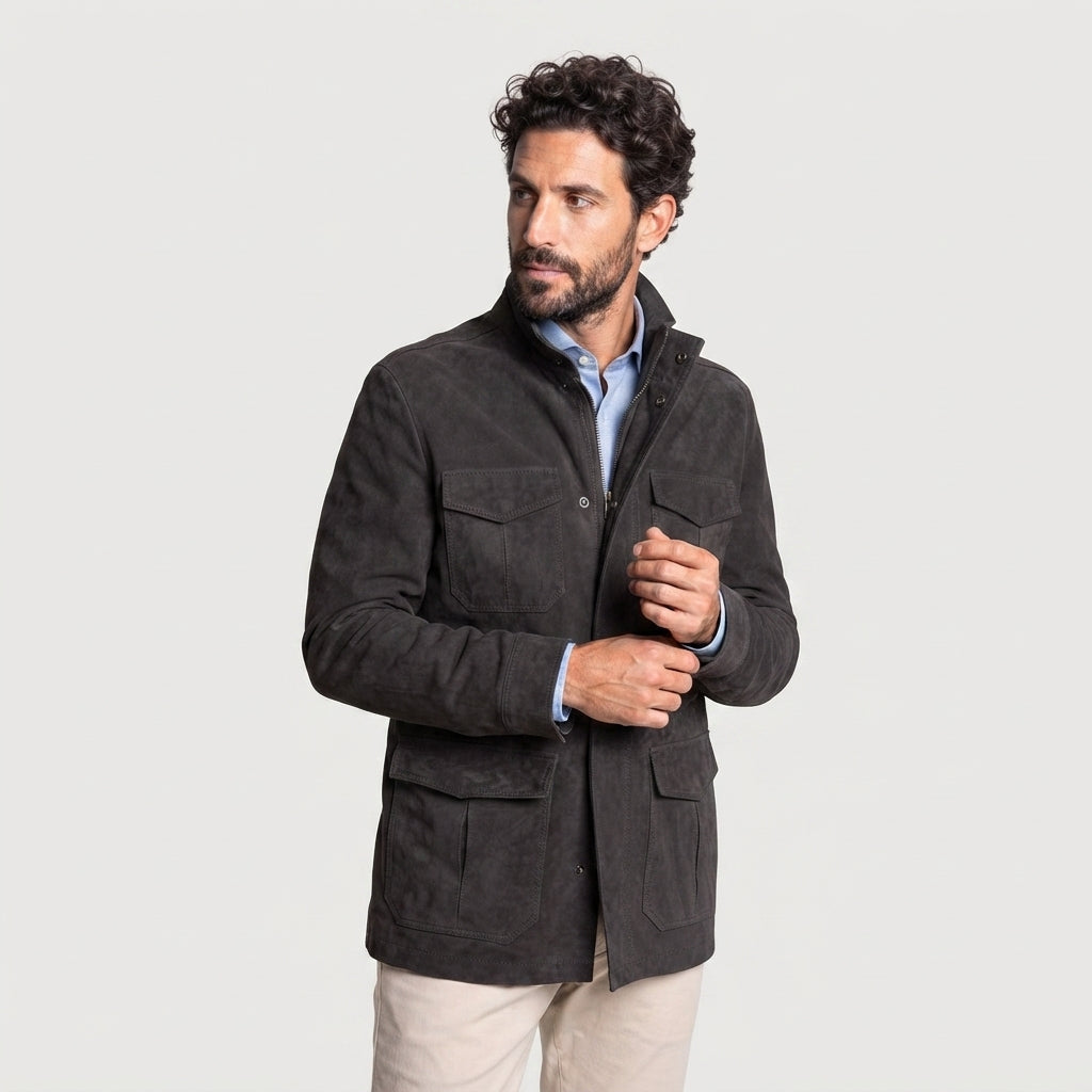 Men's Charcoal Suede Field Jacket - Leather Outlet