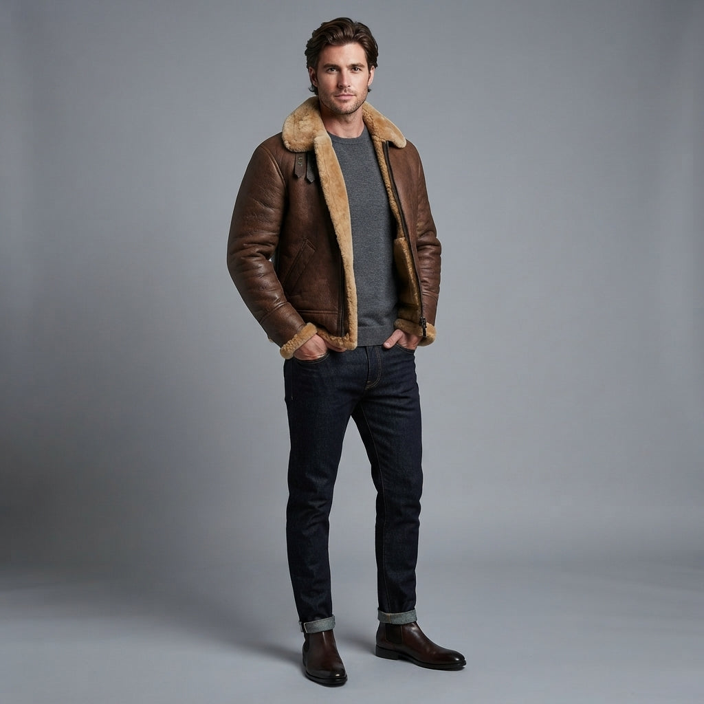 Men's B3 Brown Shearling Leather Jacket - Leather Outlet