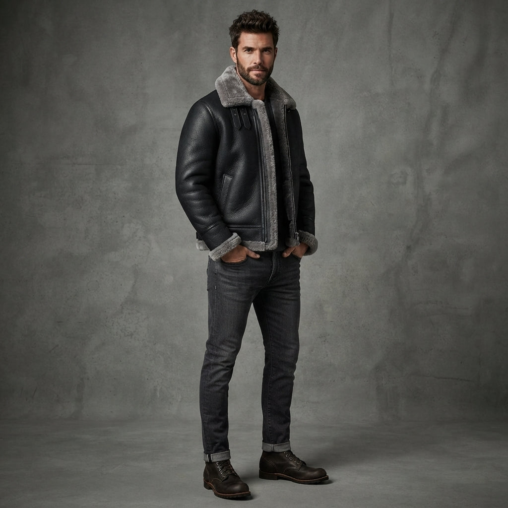 Men's Black Shearling Leather Jacket - Leather Outlet