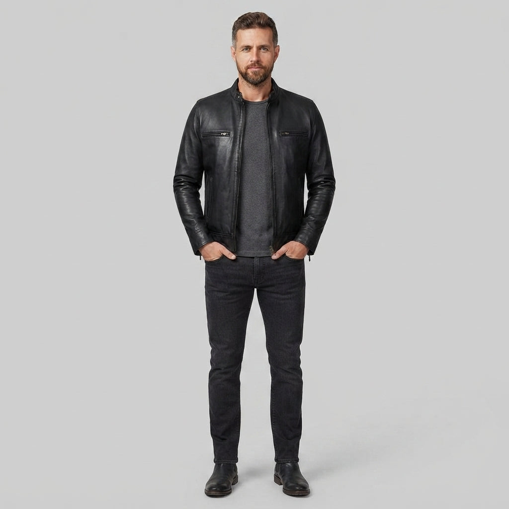 Men's Vintage Black Cafe Racer Leather Jacket - Leather Outlet