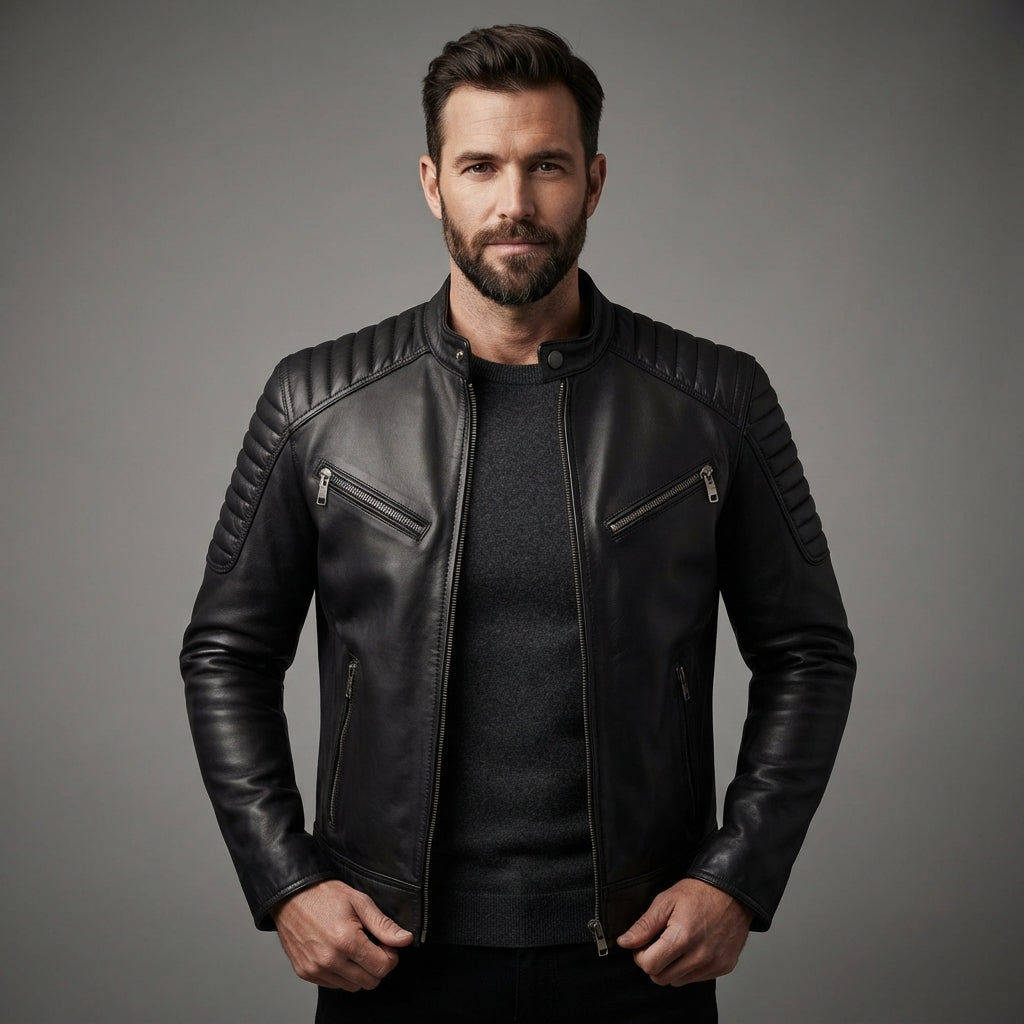 Men's Harvey Black Cafe Racer Leather Jacket - Leather Outlet