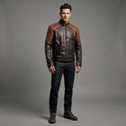 Men's Brown and Black Cafe Racer Leather Jacket - Leather Outlet