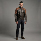 Men's Brown and Black Cafe Racer Leather Jacket - Leather Outlet