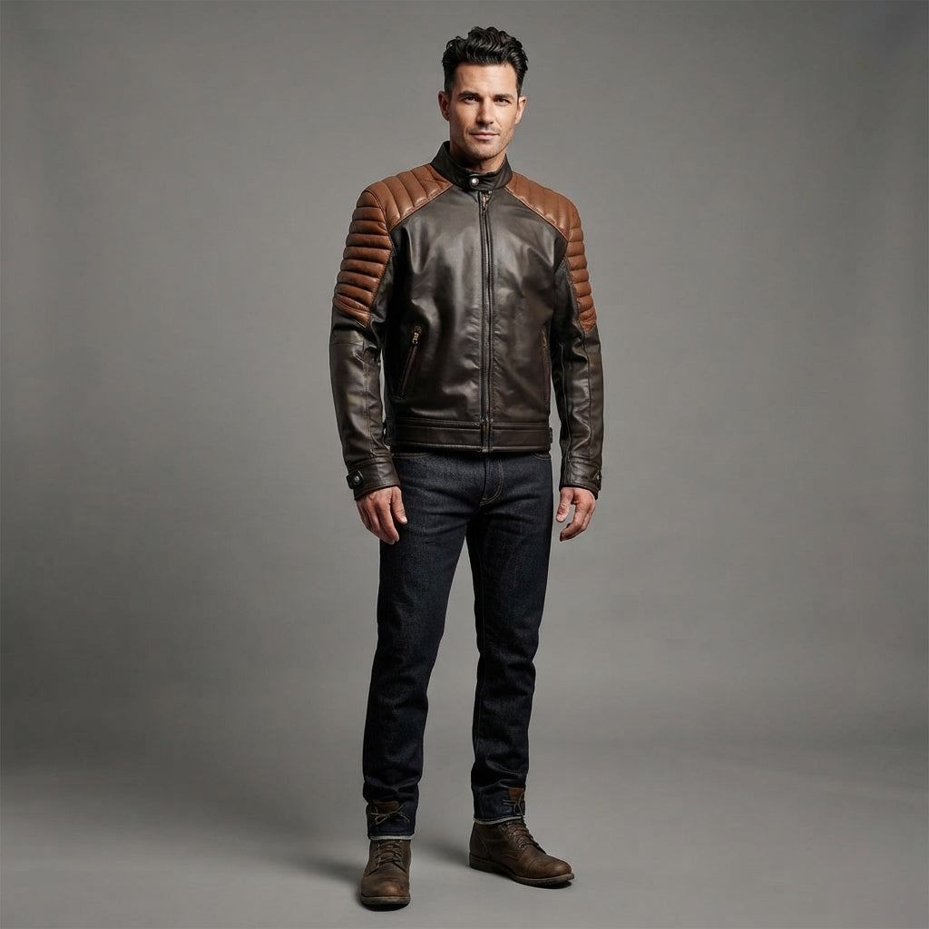 Men's Brown and Black Cafe Racer Leather Jacket - Leather Outlet