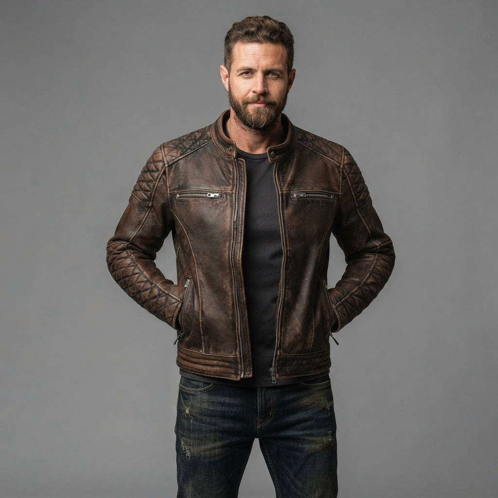 Men's Vintage Cafe Racer Leather Jacket - Leather Outlet