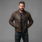 Men's Dark Brown Cafe Racer Leather Jacket - Leather Outlet