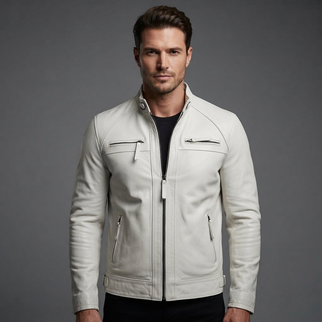 Men's White Cafe Racer Leather Jacket - Leather Outlet