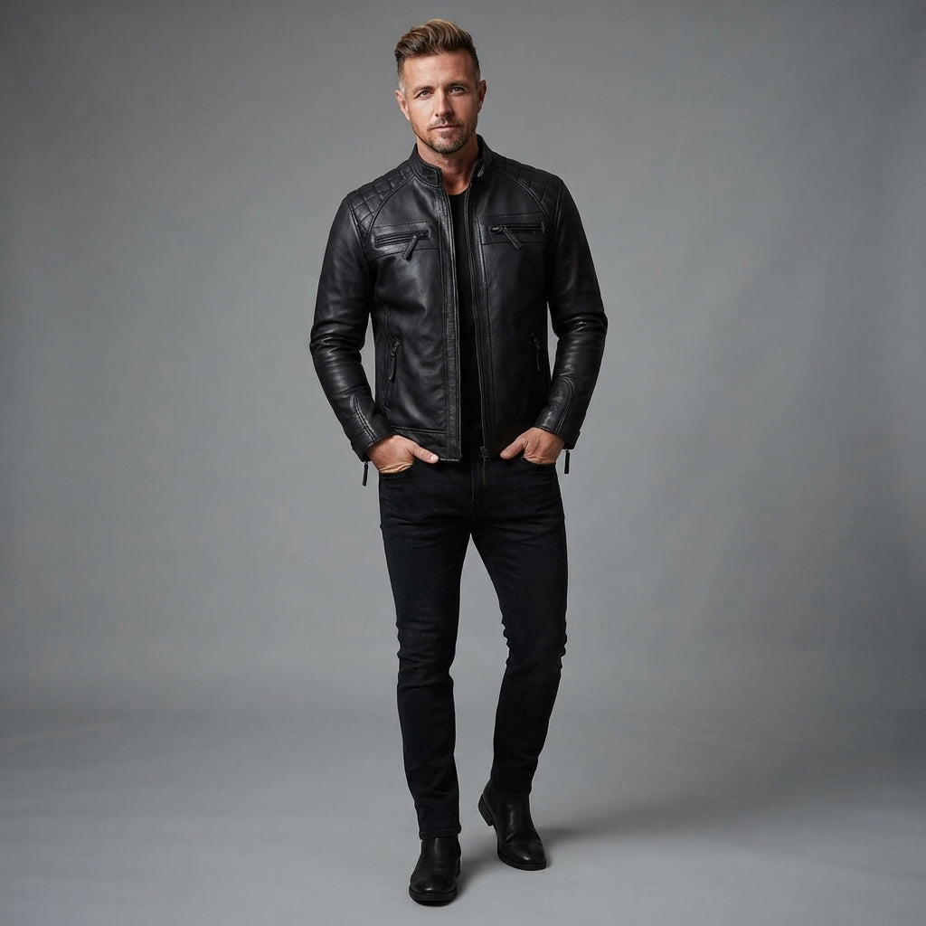 Men's Black Cafe Racer Leather Jacket - Leather Outlet