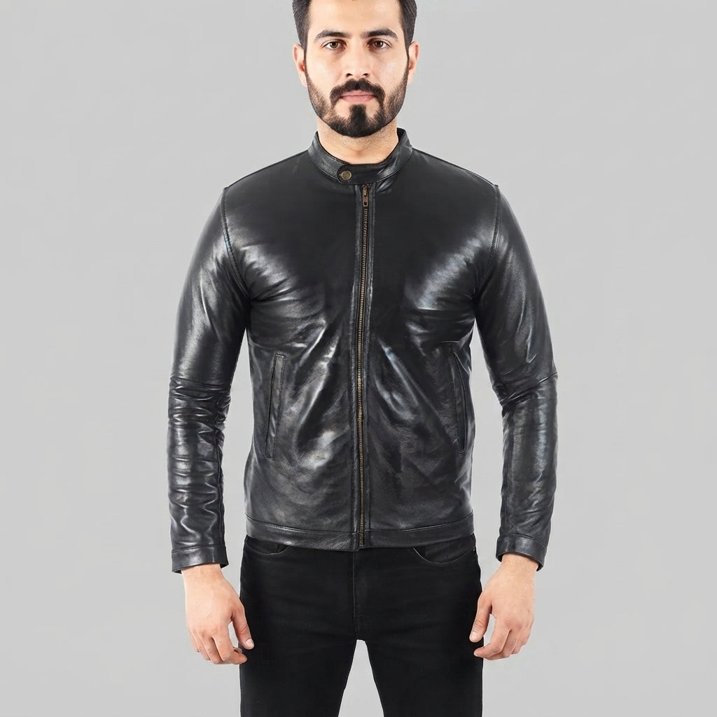 Men's Black Biker Leather Jacket - Leather Outlet