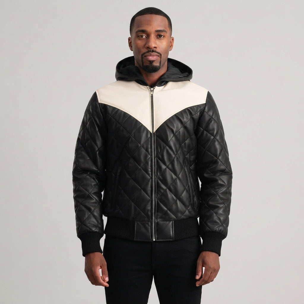 Men's Black White Hooded Leather Puffer Jacket - Leather Outlet
