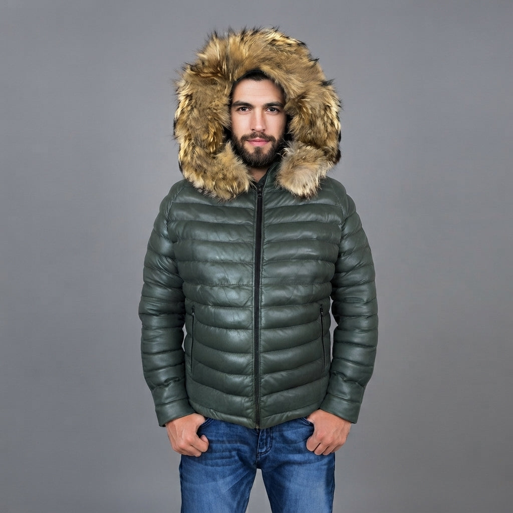 Men's Down Puffer Leather Bomber Jacket - Leather Outlet