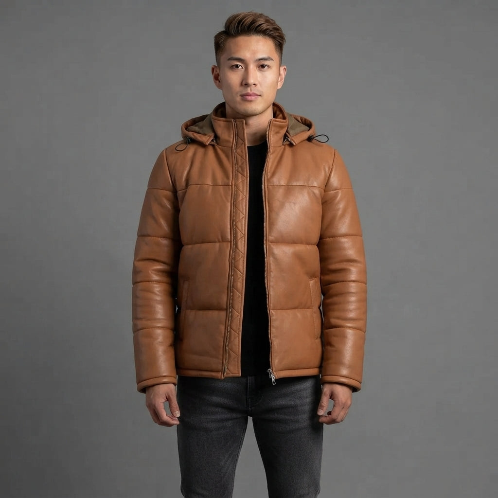 Men's Waxed Brown Hooded Leather Puffer Jacket - Leather Outlet