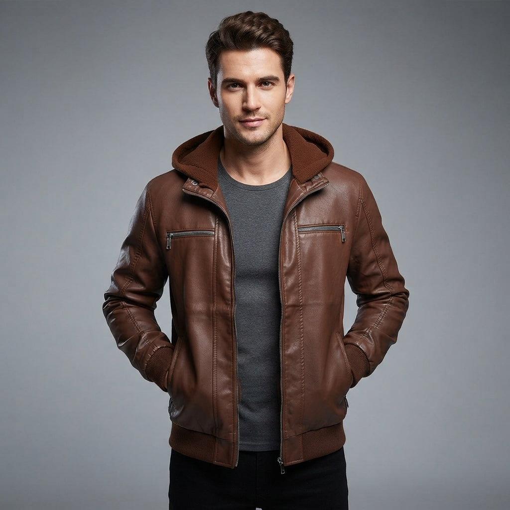 Men's Brown Hooded Leather Jacket - Leather Outlet
