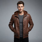 Men's Brown Hooded Leather Jacket - Leather Outlet