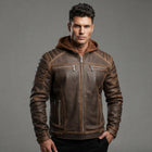 Men's Medium Brown Leather Hooded Jacket - Leather Outlet