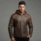Men's Medium Brown Leather Hooded Jacket - Leather Outlet