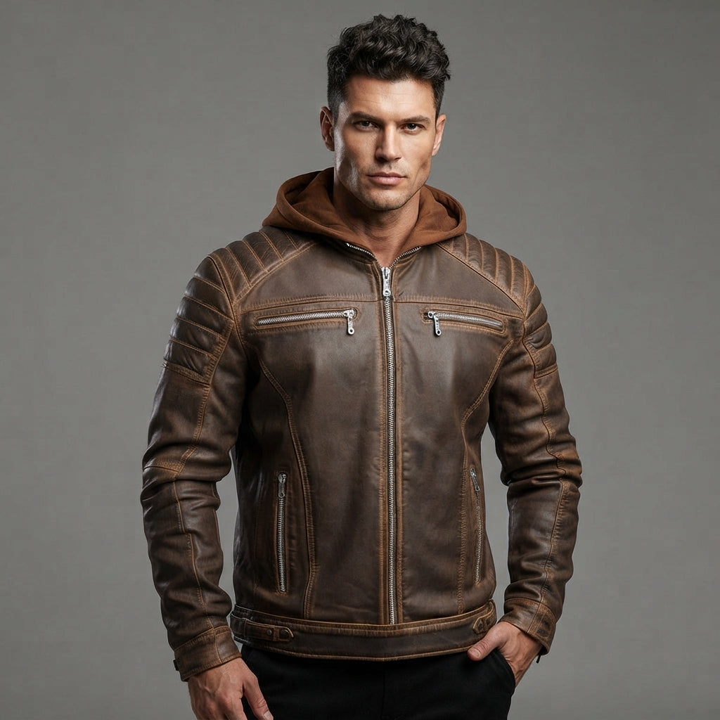 Men's Medium Brown Leather Hooded Jacket - Leather Outlet