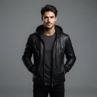 Men's Hooded Black Leather Jacket - Leather Outlet