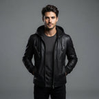 Men's Hooded Black Leather Jacket - Leather Outlet