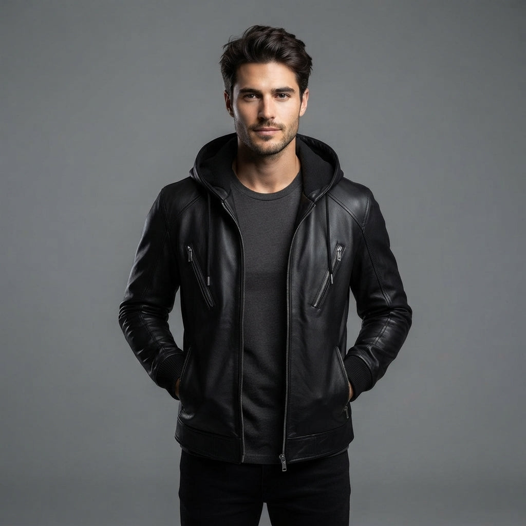 Men's Hooded Black Leather Jacket - Leather Outlet