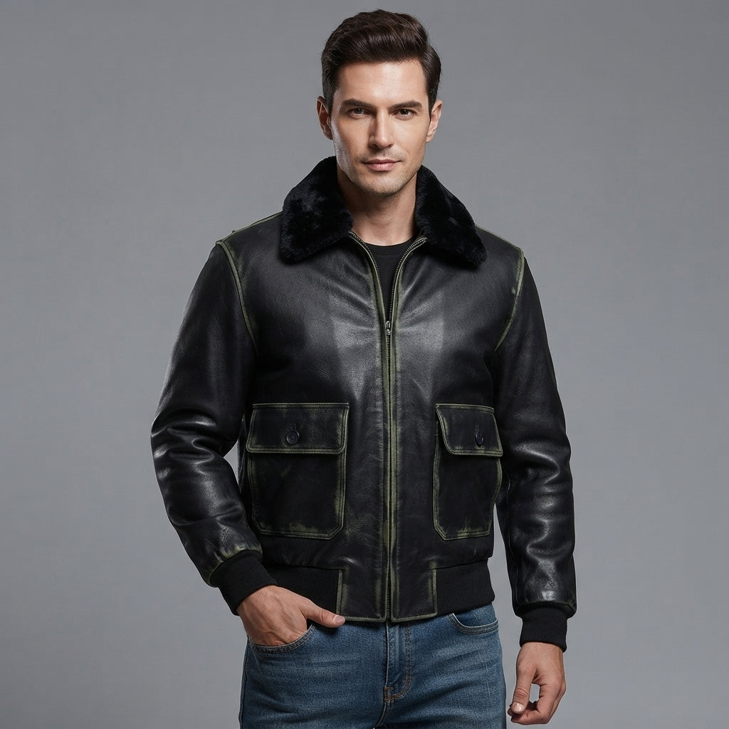 Men's Navy G-1 Real Leather Bomber Jacket - Leather Outlet