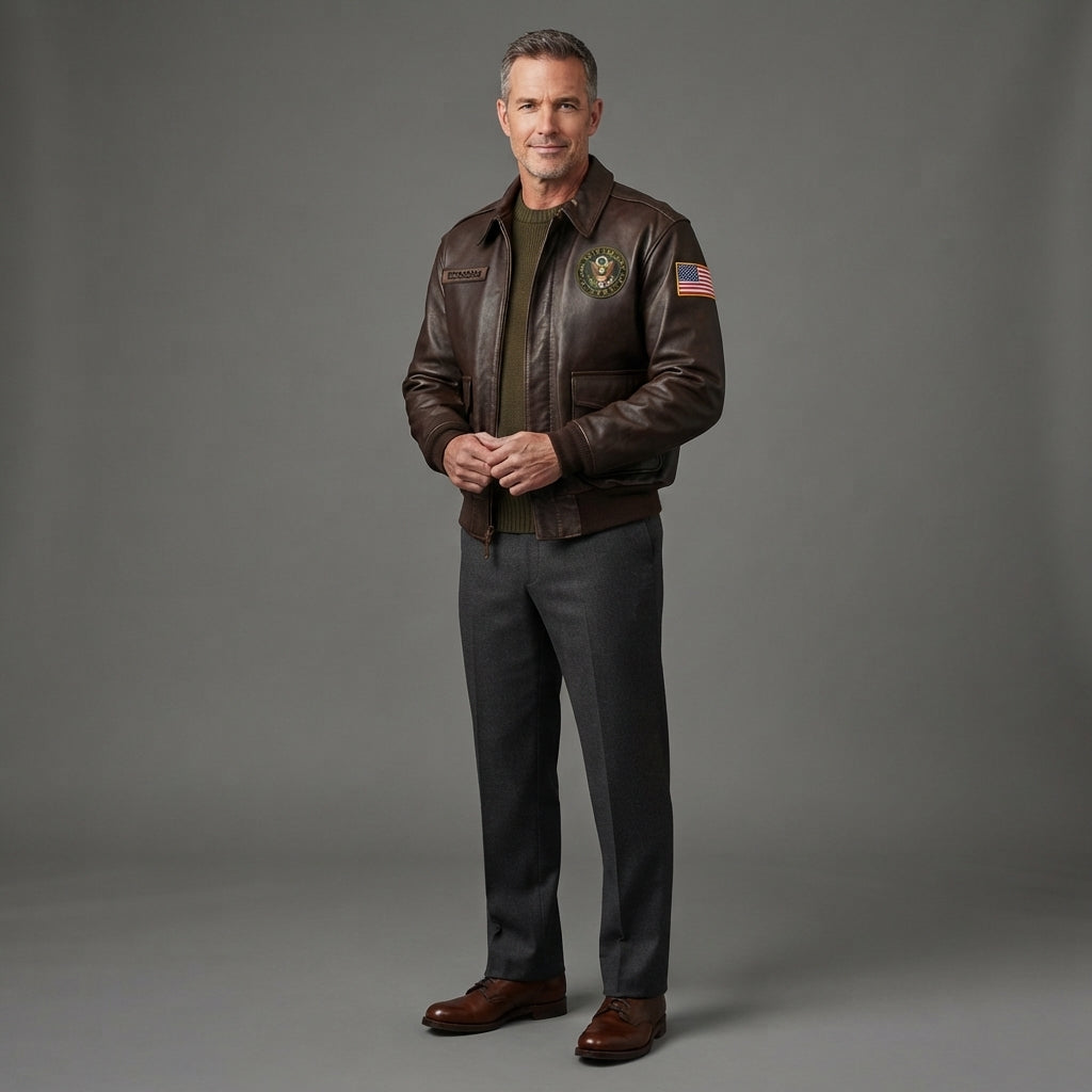 Men's Chocolate Brown Leather Military Jacket - Leather Outlet